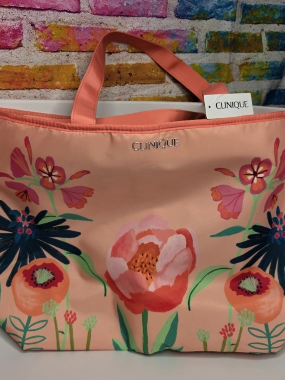 Clinique Floral Peach Large Tote Bag 16x11